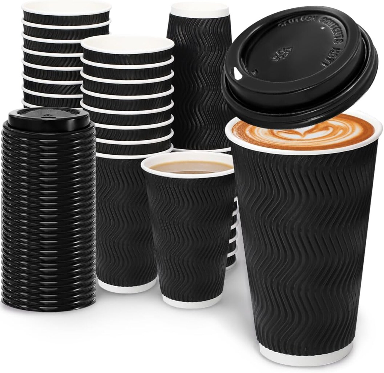 Coffee Cups with Lids, 100 Pack Disposable Coffee Cups Insulated Ripple Paper Cups for Water, Juice, Espresso (Black 16 oz)